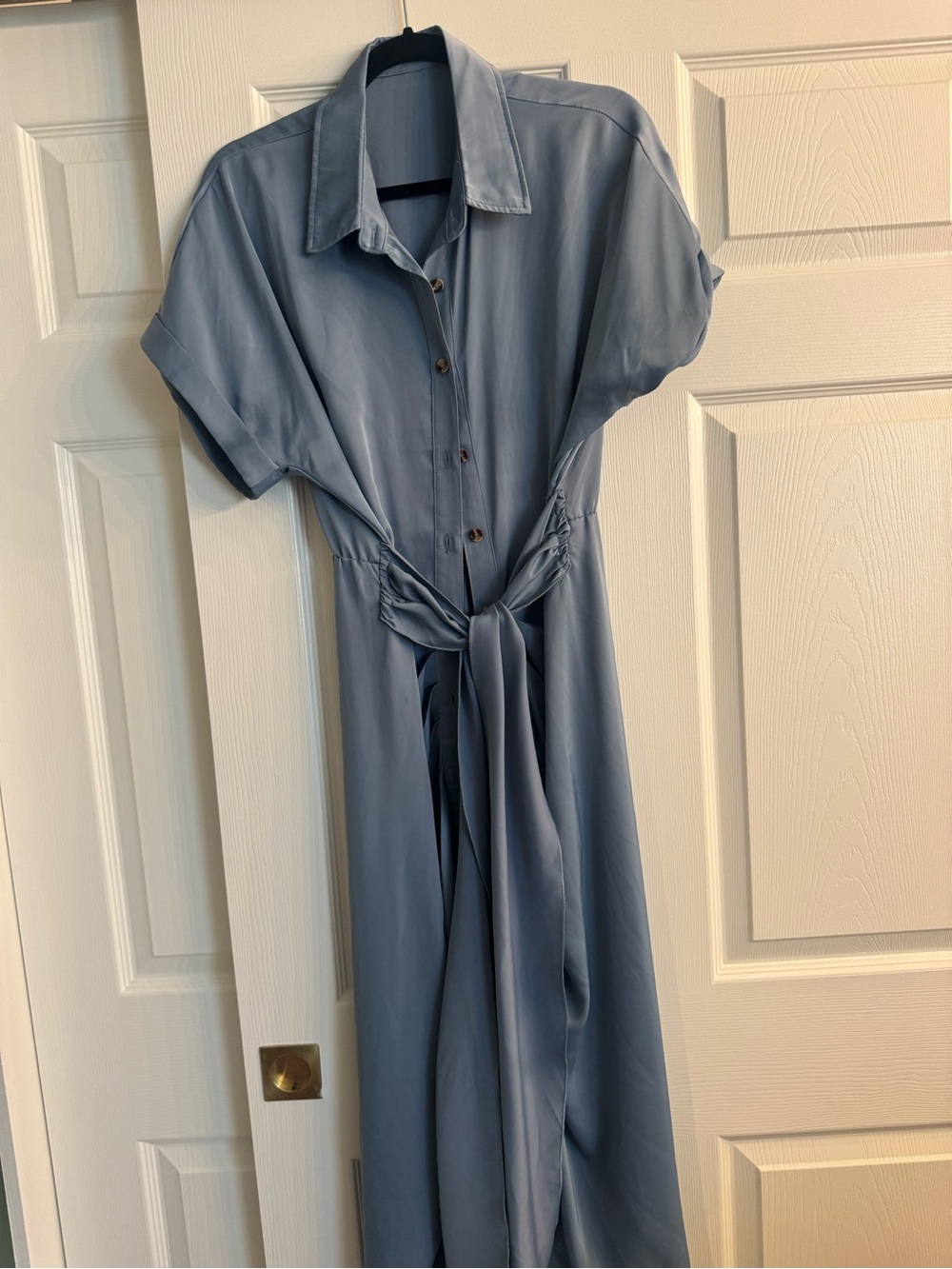 Button-Front Maxi Shirt Dress with Tie Waist in Dusty Blue